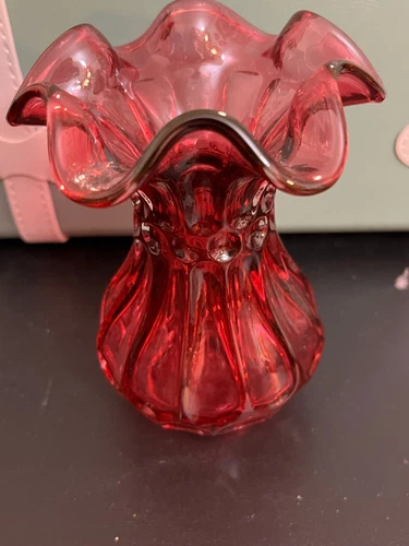 Vintage Fenton Cranberry Thumbprint 4" Glass Vase with Ruffled Top