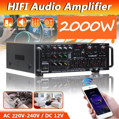 2000W Digital Bluetooth Stereo Amplifier Amp HIFI 2CH Tuner USB SD 4Mic Inpurt