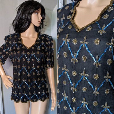Vintage After Six Ronald Joyce Seide Perlen Top Bluse Abend 10 12 38