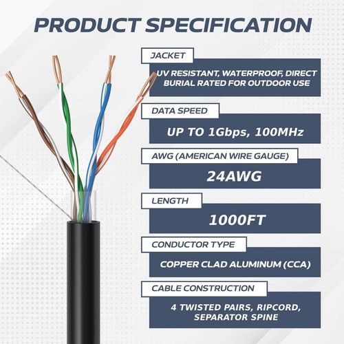 1000 pies CAT5E Impermeable Cable Exterior Entierro Directo UTP Red LAN Sólida 24 AWG - Imagen 2 de 8