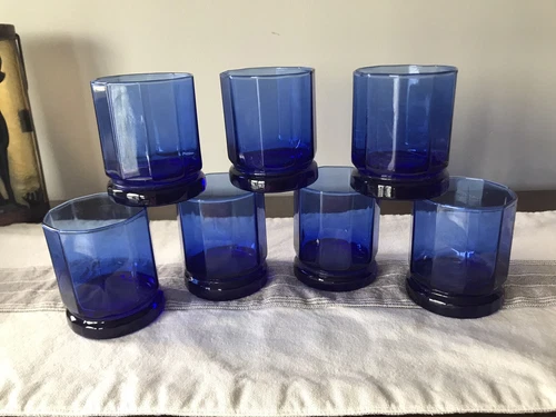 7 Vintage Anchor Hocking Cobalt Blue Essex 10 Panel Rocks Glasses Lowball