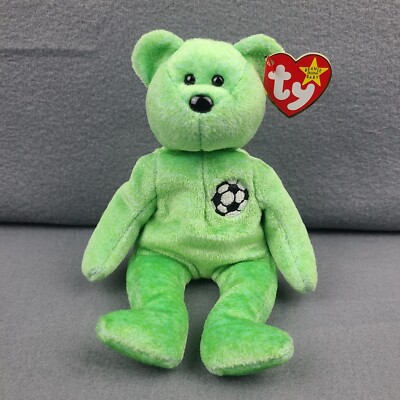 Vintage Beanie Baby Ty ''Kicks'' The Soccer Bear 1998/1999 Green Rare With Errors 