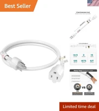 14 Gauge White Extension Cord - 2 Feet, 1875 Watt, Ideal for Limited Spaces