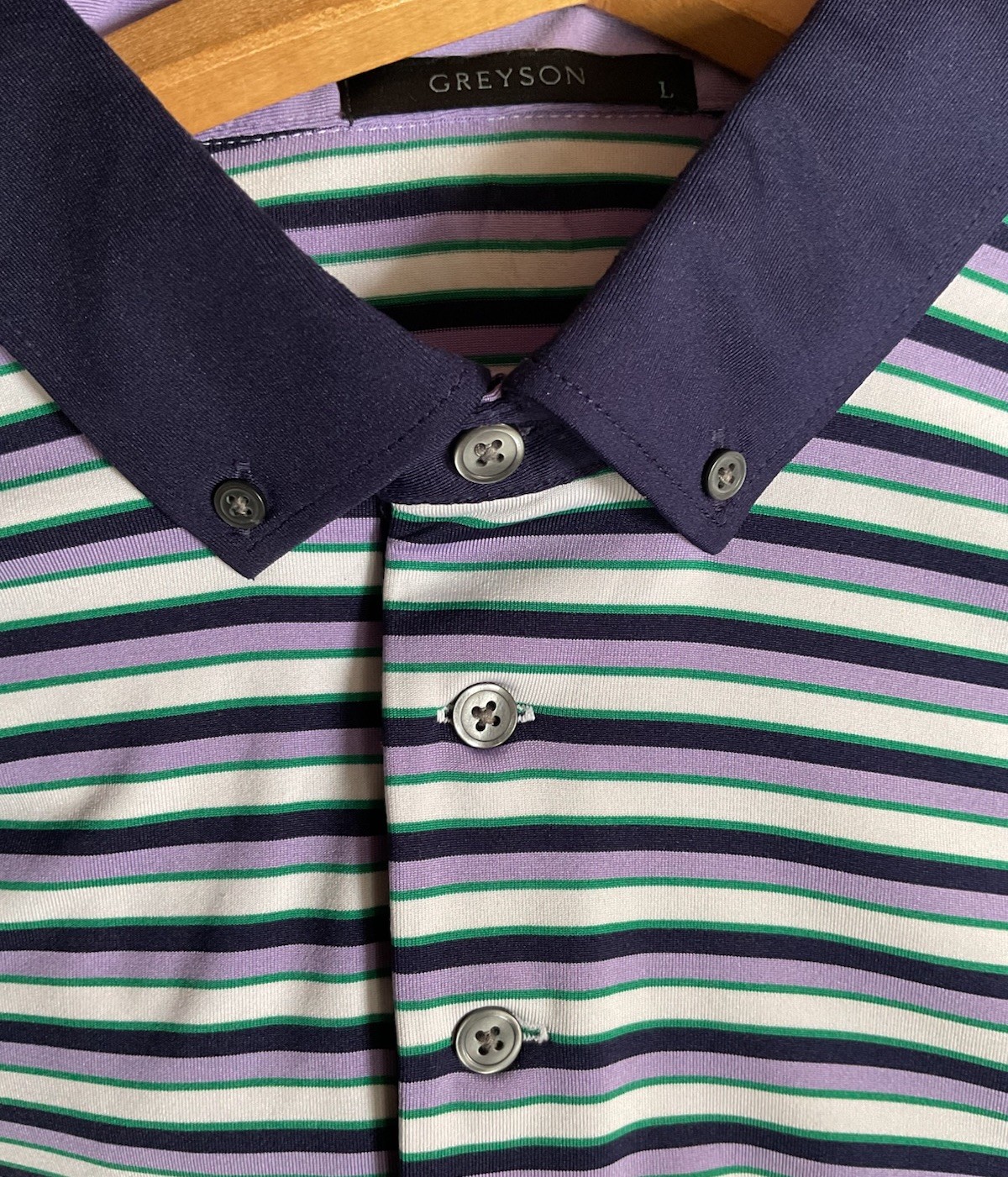 Greyson Polo Shirt Purple Green Striped Golf Casual Adult Men’s Size Large