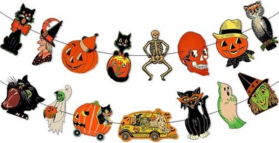 Vintage Halloween Garland Banner Decorations, Retro Pumpkin Witch Ghost Cat 