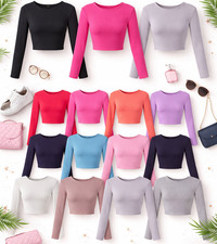 New Womens Crop Basic Long Sleeve T Shirt Ladies Short Plain Round Neck Top 8-14