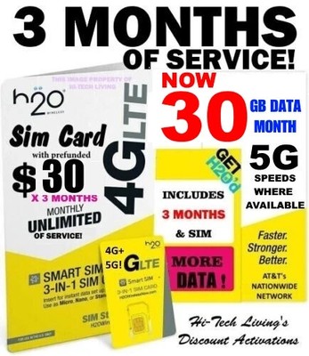 H2O H20 SIM w/ 3 MONTHS WITH  30GB MONTH !!  UNLIMITED T/T   NOW MORE 5G DATA!