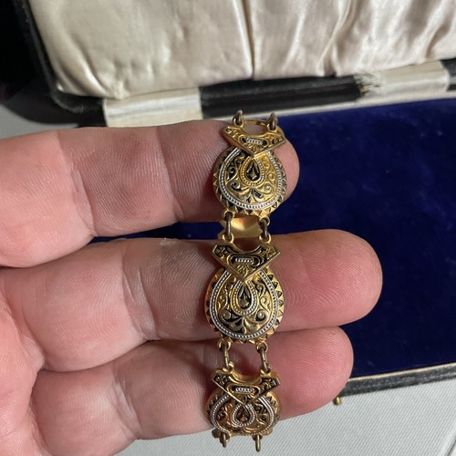 Vintage Spanish damascene gold tone black enamel link bracelet with safety chain - Picture 11 of 24