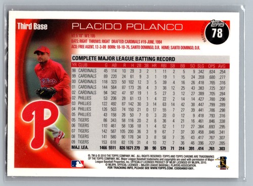 2010 Topps Chrome #78 Placido Polanco Refractors Philadelphia Phillies - Picture 2 of 2