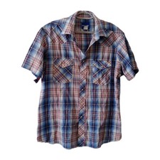 Men s Wrangler western short sleeve pocket shirt pearl snap blue plaid size L