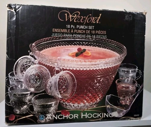 Vintage Anchor Hocking Wexford Punch Bowl Set w Cups Original Box USA Glass 🇺🇸