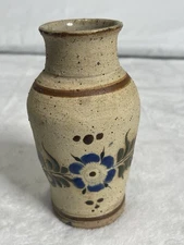 Vintage Tonala Mexican Pottery 5.5” Vase Floral Natural Blue Green Signed S Mex