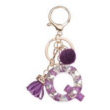 Initial Letter Keychain, Cute Alphabet Letter-Q Charm with Tassel Ball, Purple