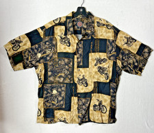 Harley Davidson Motorcycles Black Tan Button Down Hawaiian Shirt XL USA MADE