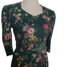 Vintage 1980s Scandels Dress Medium Green Floral Knit Cottagecore Drop Waist