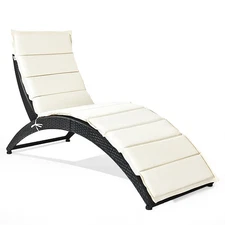 Patiojoy Folding Wicker Rattan Lounge Chair Chaise Cushioned Portable Black