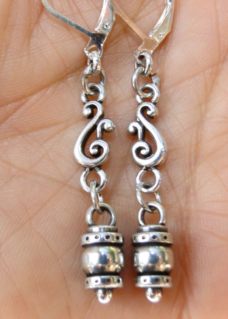 Altered Brighton Swirl Silver Charm Dangle Silver Bead On Lever Back Earrings