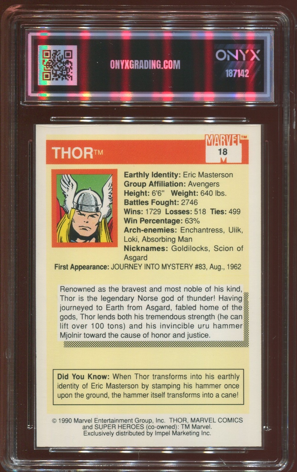1990 IMPEL MARVEL UNIVERSE THOR #18 ONYX GEM MINT 10 view 2