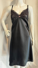 Oscar de la Renta Pink Label Black Satin chemise Nightgown Slip Dress Lace Sz L