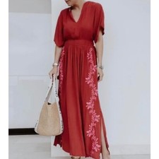 Knox Rose Rust Red Pink Embroidered Boho Maxi Kaftan Dress V-Neck Pockets Size M