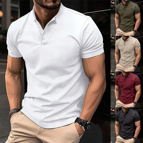 Mens Henley Grandad Collar Tee Plain T-Shirt Short Sleeve Casual Button Top New - Photo 2/28