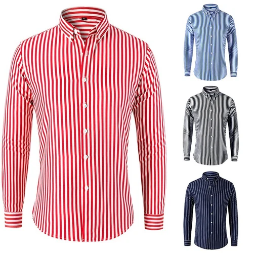 Men's Dress Shirts Long Sleeves Formal Business Striped Casual Slim Shirts Tops - Picture 2 of 22
