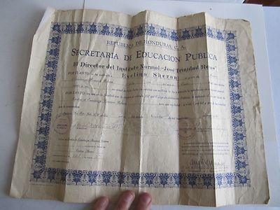 1936 HONDURAS TEACHING CERTIFICATE FROM SEC OF EDUCATION - SEE PICS - TUB BMA