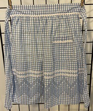 Vtg Blue White Gingham Half Apron Chicken Scratch Cross Stitch Embroidery Pocket