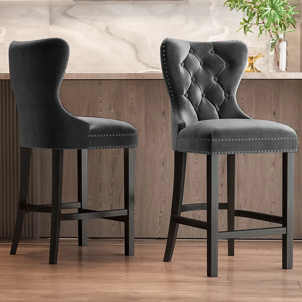 Grey Velvet Breakfast Bar Stools High Counter Kitchen Pub Stool