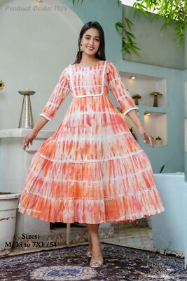 Orange Mulmul Cotton Flared Maxi Dress, Women Indian Layerd Long Anarkali  Kurta | eBay