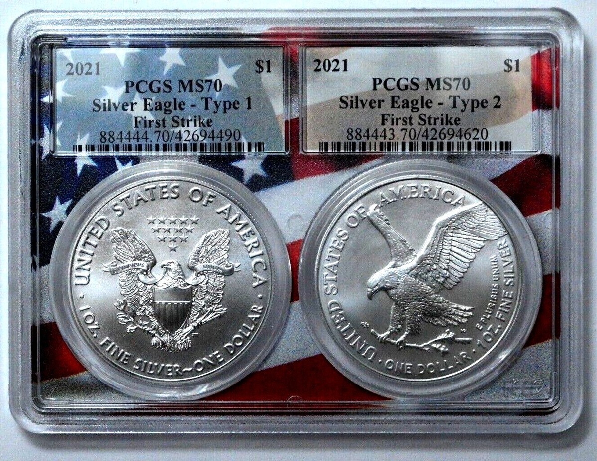 2021年 type1.type2セット イーグル銀貨 PCGS MS70 2021 $1 Type 1 & Type 2 Silver American Eagle Set Graded