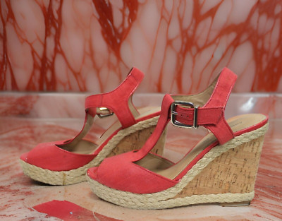 Antonio Melani Maree T-Strap Sandals Cork Wedge Espadrilles Coral Size 10M