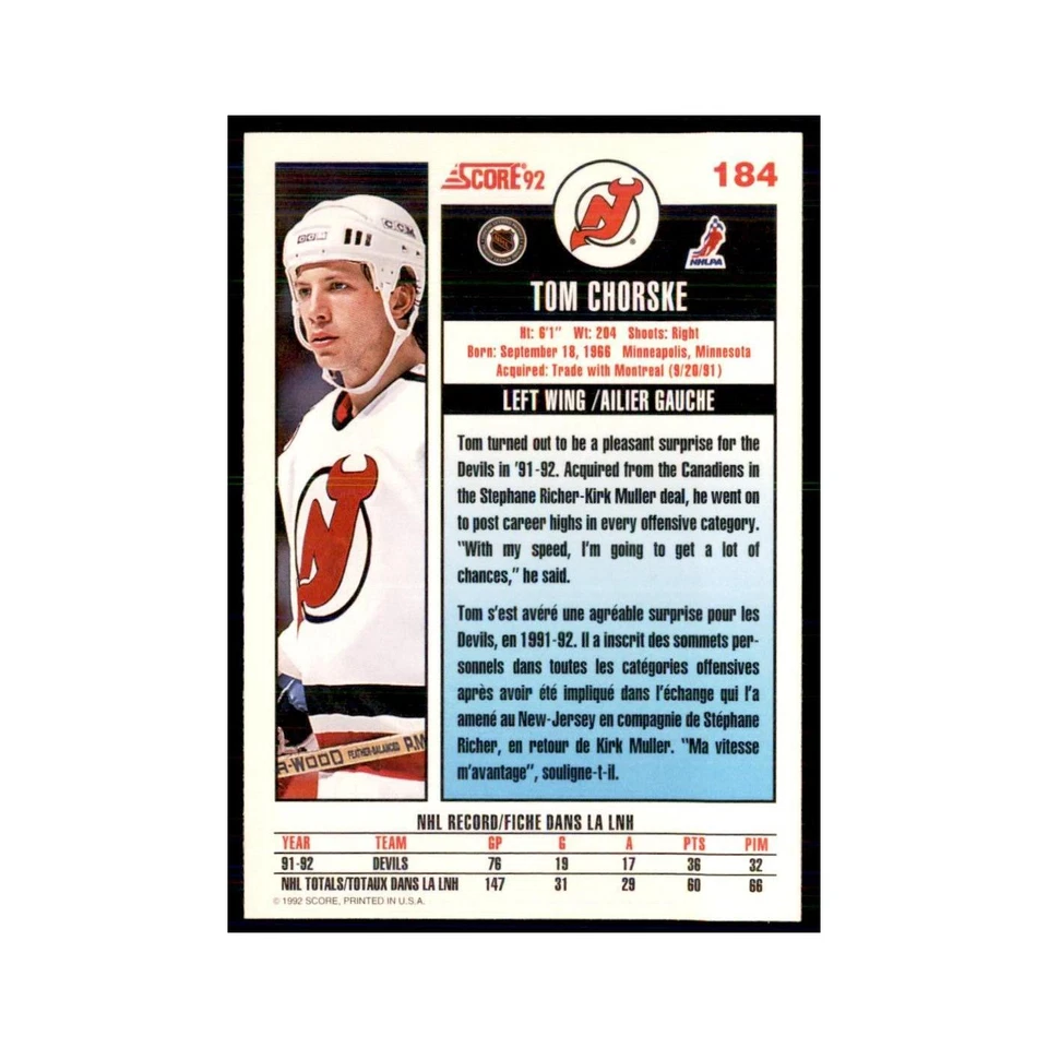 1992 Score Canadian Tom Chorske New Jersey Devils #184 - Image 2 of 3