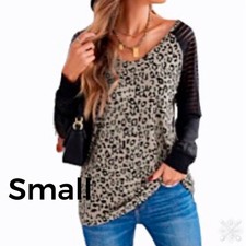 New Leopard Print Top Black Sheer Mesh Long Sleeves Size Small Women  s