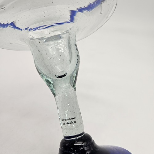 3 Hand Blown Mexican Margarita Glasses Cobalt Blue Rim and Base Pontil Mark - Picture 14 of 14