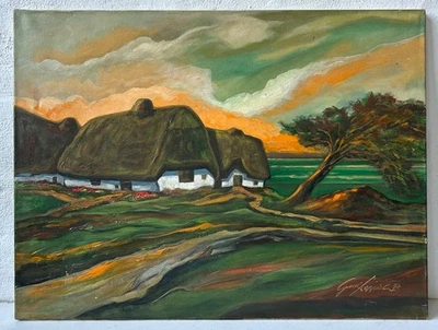 Ölbild 1974 Reetgedeckte Katen am Meer Ostsee signiert 60 x 80 cm Windflüchter - Bild 1 von 4