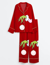 Womens Red Christmas Grinch Long Sleeve Satin Family Pajama Set