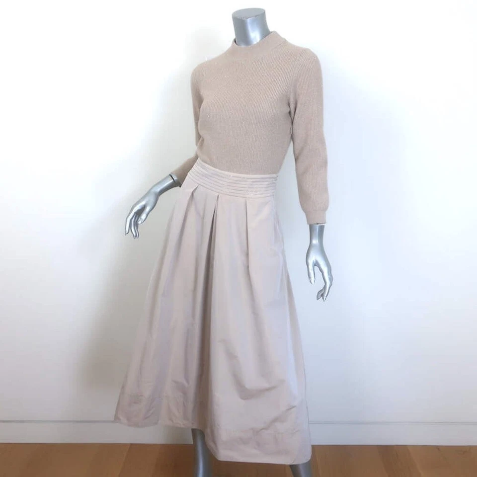 Peserico Monili-Beaded Mixed Media Sweater Dress Taupe Knit & Taffeta Size 38 - Image 4 of 4