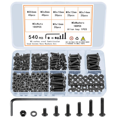 540 Pcs M3 Screw Assortment, M3 Bolts and Nuts Kit, Hex Socket Button Head Cap S