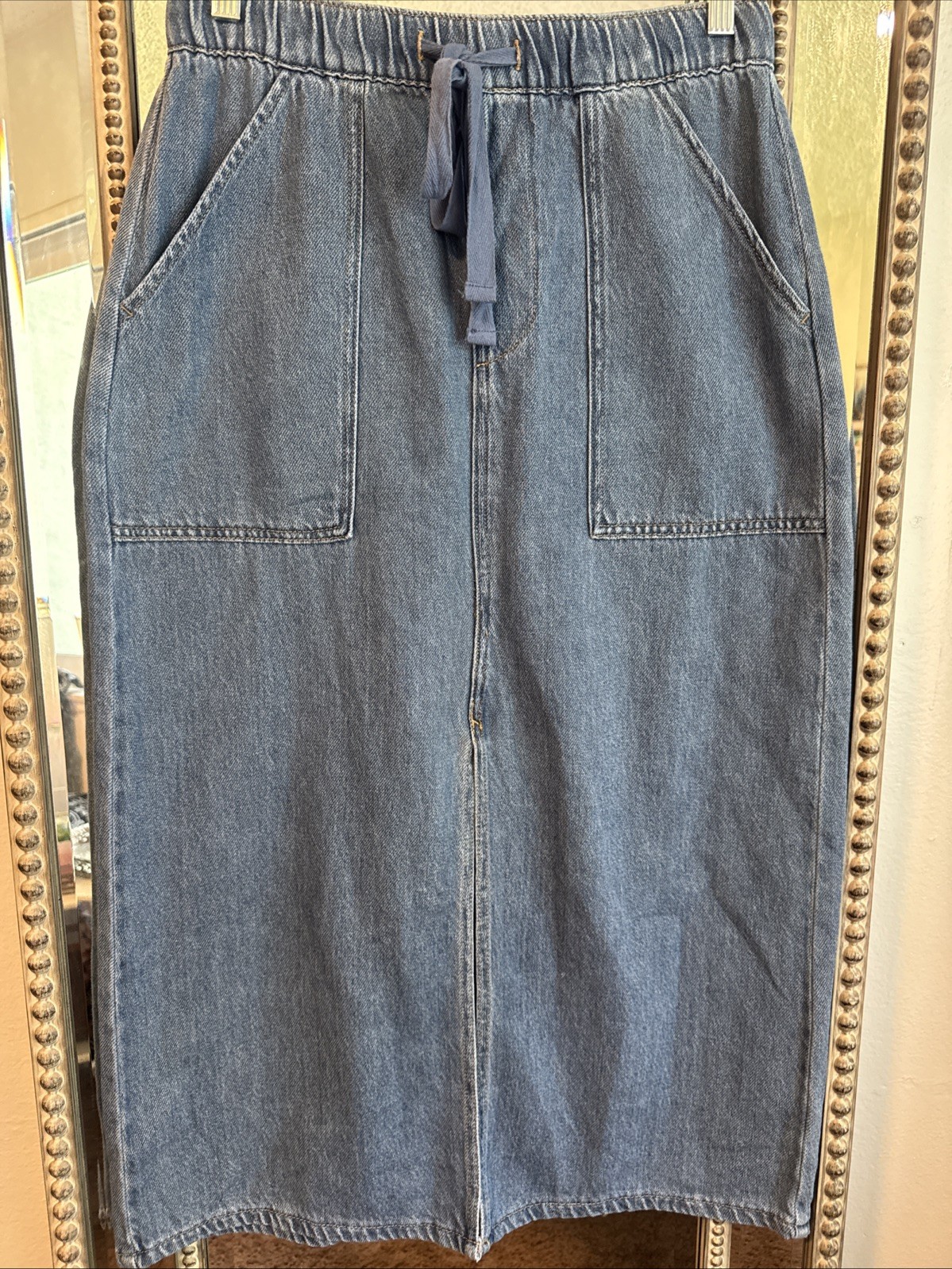 Denim Midi Skirt Drawstring Waist and Pockets Womans Small Blue Casual NWT New-image