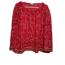 Max Studio Blouse Women's Large Red Floral Pleated Long Sleeve Lightweight Top