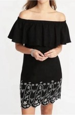 Old Navy Women's XL Black Off Shoulder Dress with Flower Lace Design Linen Blend