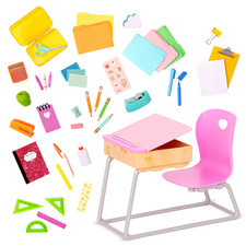 Our Generation Flying Colors School Desk  Supplies Set for 18-inch Dolls
