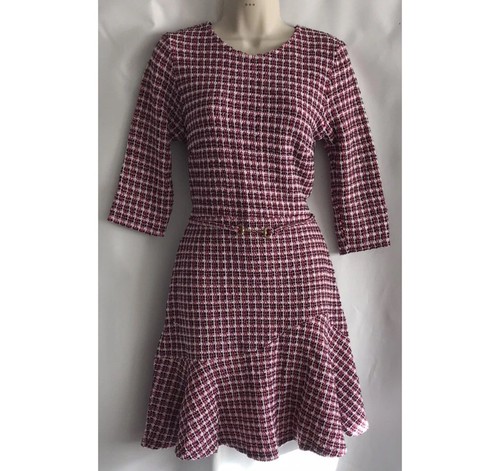 New Lipsy Size 12 Pink White Black Curve Hem Skater Boucle Belted Dress Party - Picture 6 of 19