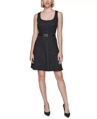 Karl Lagerfeld Bouclé Tweed Belted Dress Women's 12 Black Sleeveless Back Zip