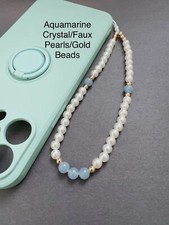 Blue Aquamarine Crystal Faux Pearl Beaded Phone Wrist Strap, Gift Ideas, Gold