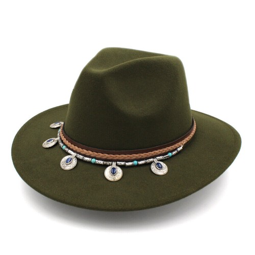 Fashion Unisex Wide Brim Panama Fedora Hat Top Hat Jazz Turquoise Leather Belt - Picture 18 of 31