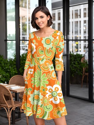 Bon Apple Tea Women's Three Quarter Sleeve Dress with Pockets