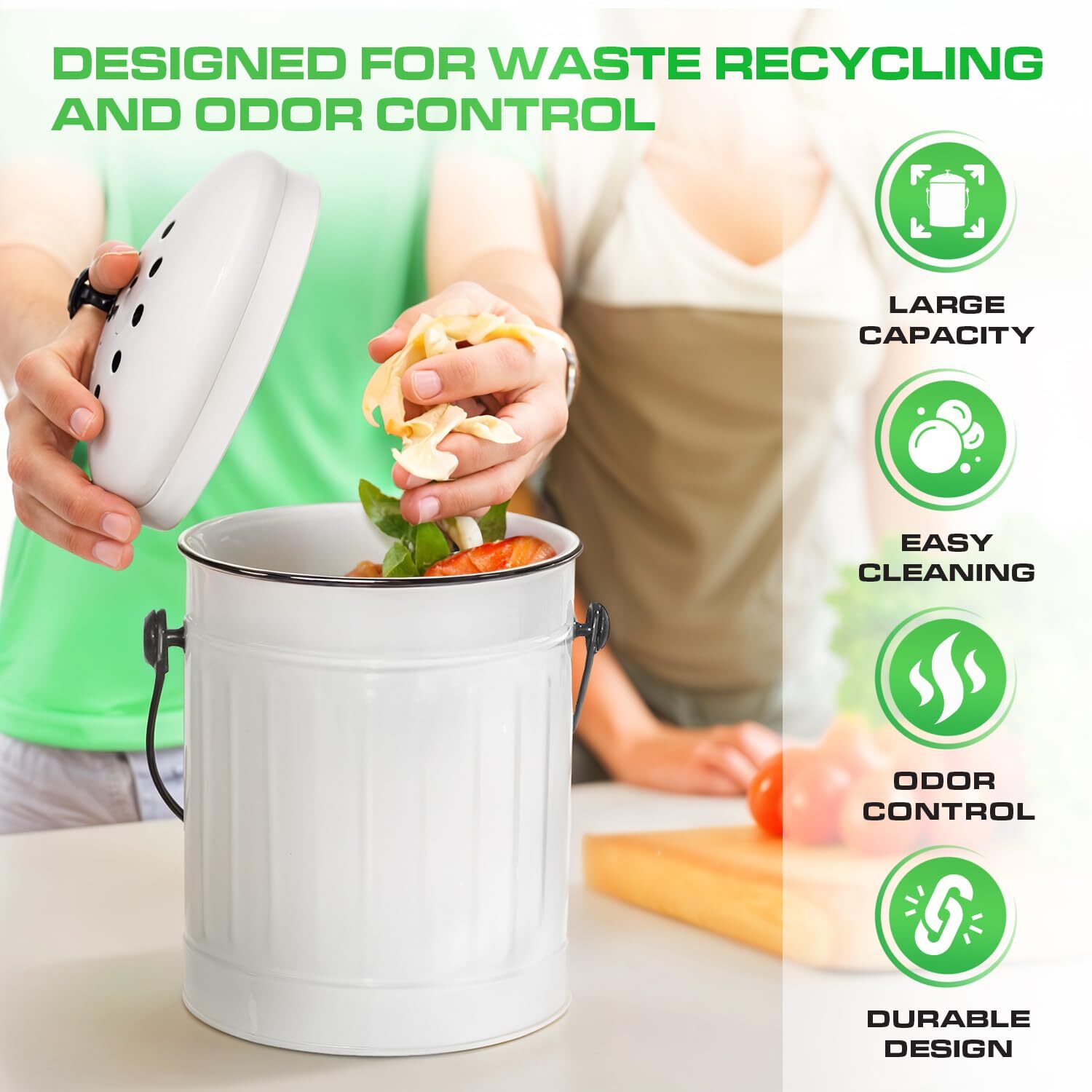 White Steel Kitchen Compost Bin 1.5 Gallon Countertop Container with Filter