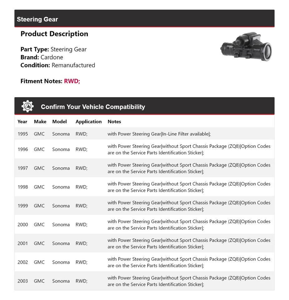 Para GMC Sonoma 1995-2003 tracción trasera engranaje de dirección Cardone 1996 1997 1998 1999 2000 2001 Foto 2 de 4
